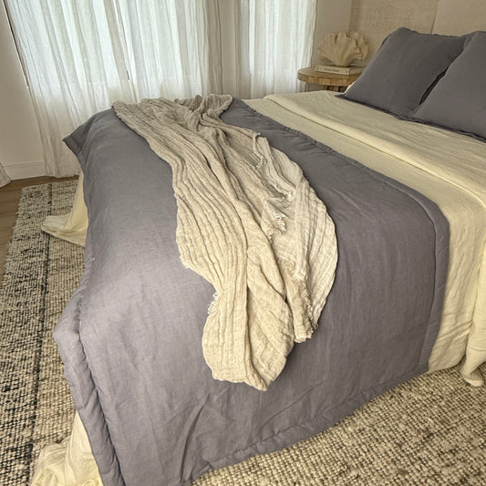 SET PIECERA LINO ACOLCHADA + FUNDA DE COJIN HARMONY 50X50 LINO RUSTICO GRIS SILVER